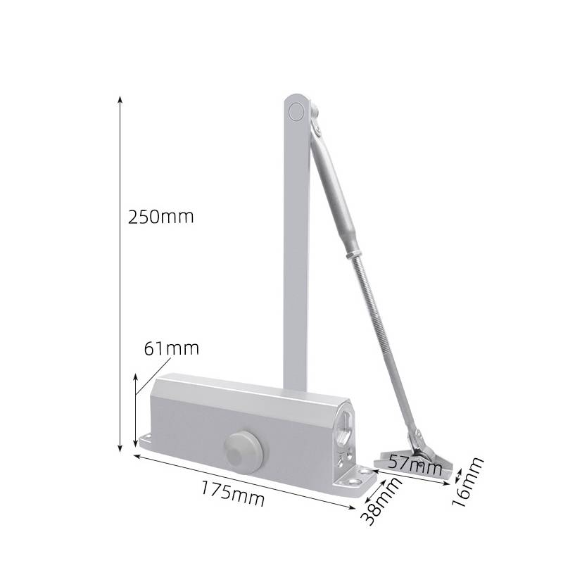 Diagramm eines Türschließers mit beschrifteten Abmessungen: 250mm Höhe, 175mm Länge, 61mm und 57mm Breiten, 38mm und 16mm Montagemaße.