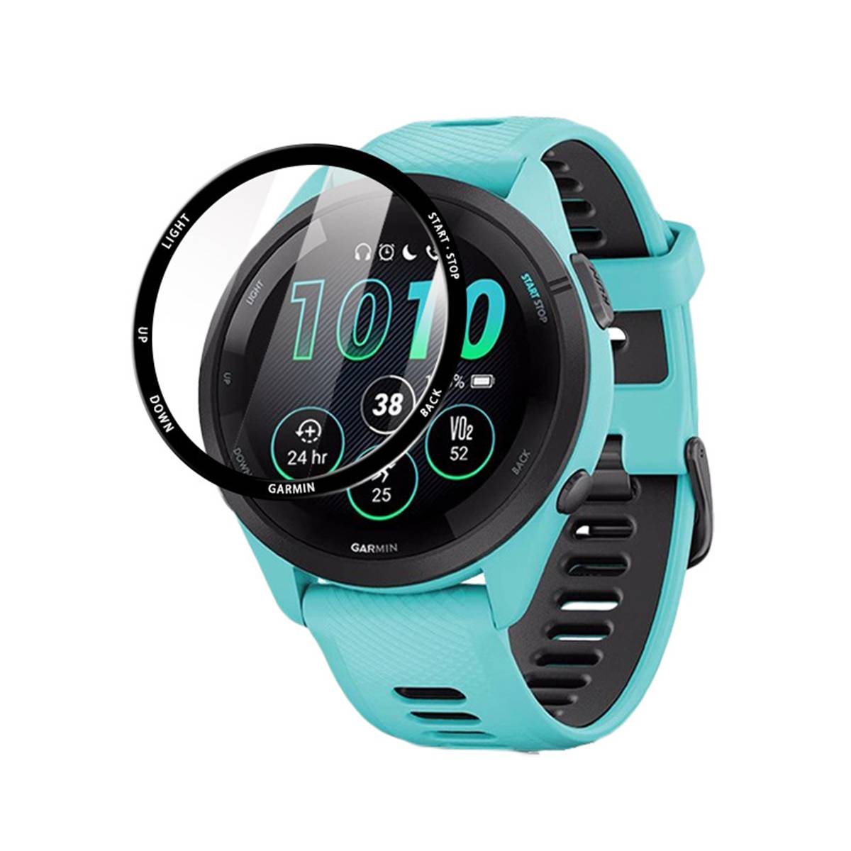 Türkisfarbene Garmin-Smartwatch mit schwarzem Display, das Fitnessdaten anzeigt, einschließlich '1010' Schritte, Herzfrequenz und VO2-Indikatoren.