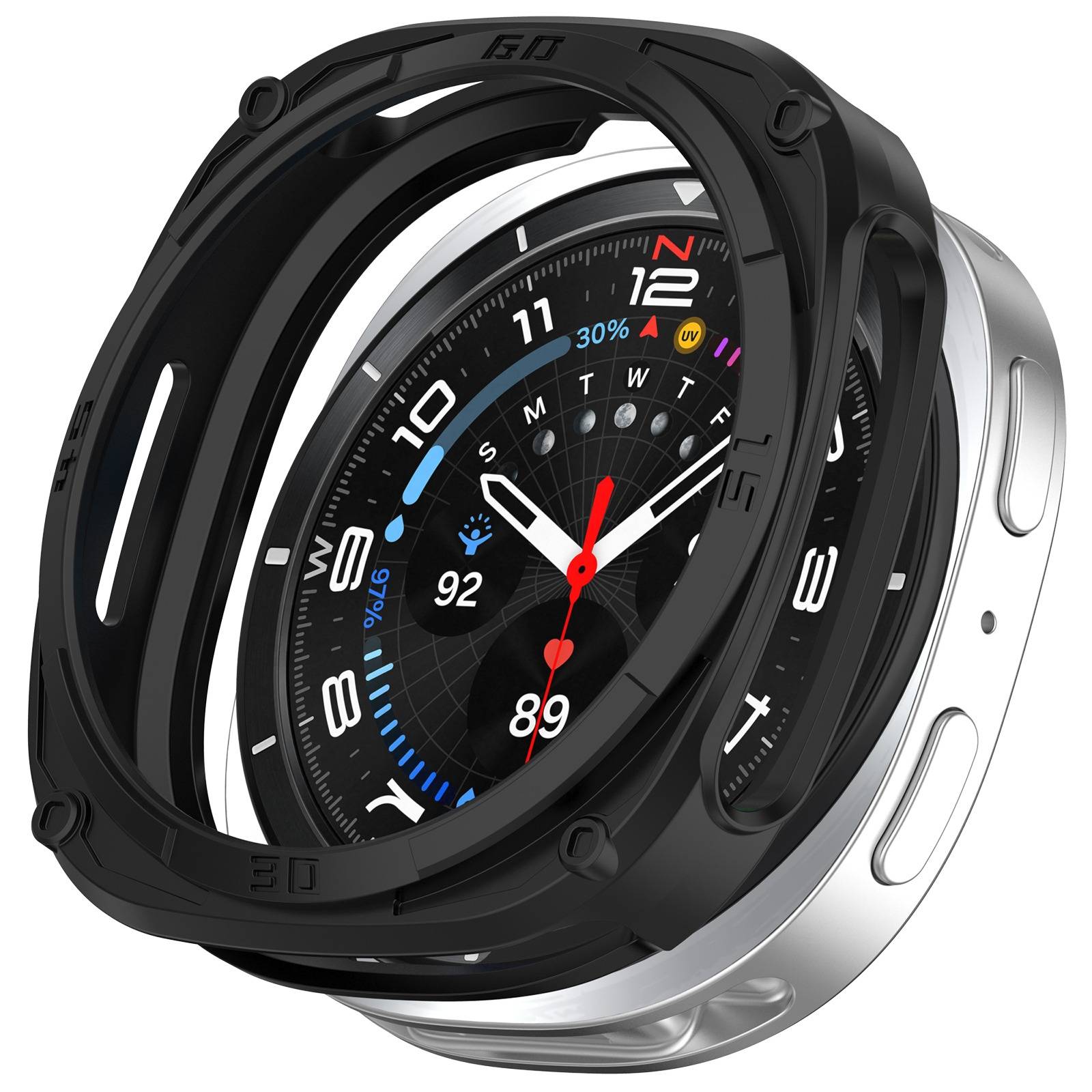 Schwarzes Smartwatch-Zifferblatt in einer robusten Schutzhülle, Schrägansicht auf silbernem Gehäuse mit analoger und digitaler Anzeige mit App-Symbolen und Zahlen.