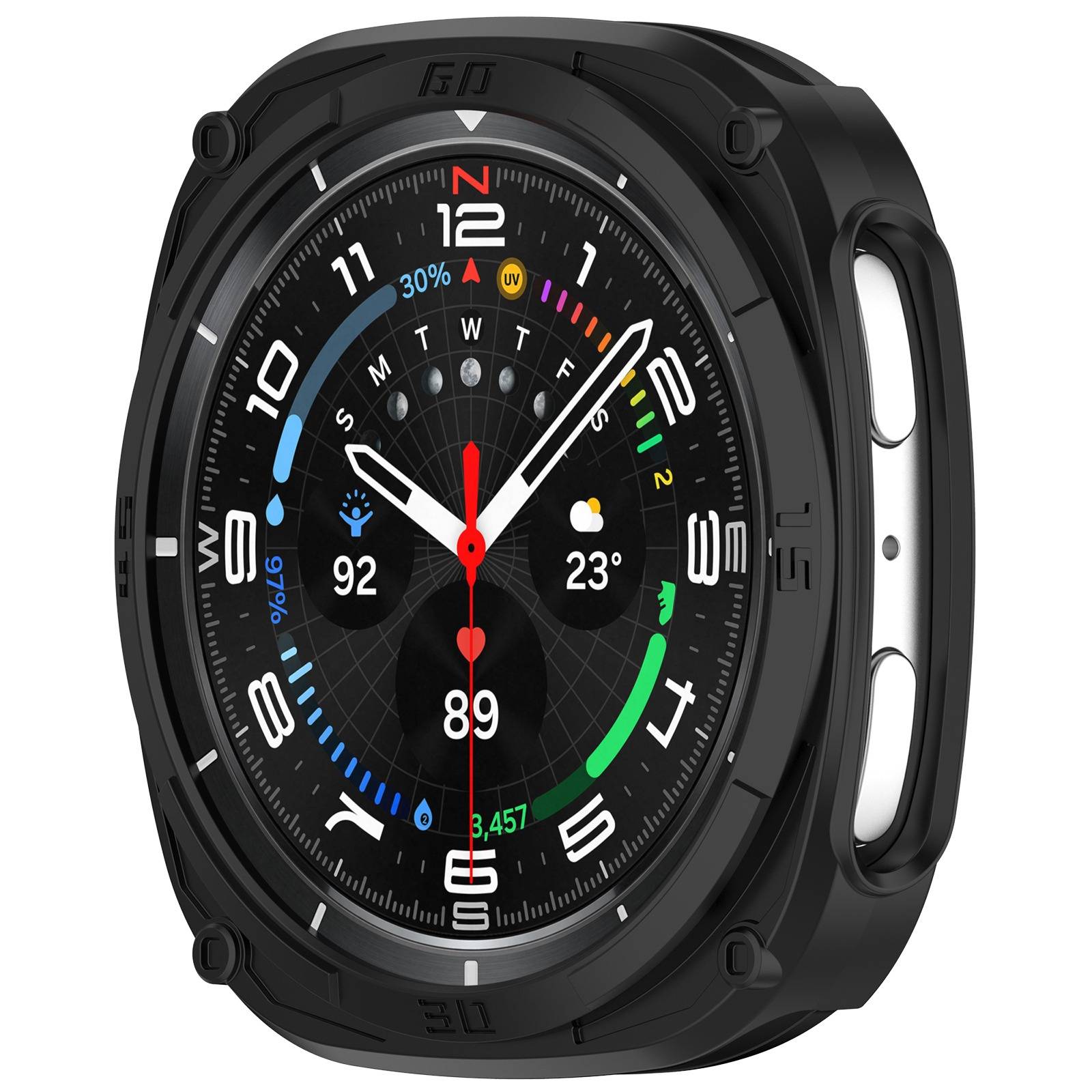 Schwarze Smartwatch mit rundem Analogzifferblatt, die die Uhrzeit, das Wetter, die Herzfrequenz und Aktivitätsmetriken auf einem digitalen Display anzeigt.