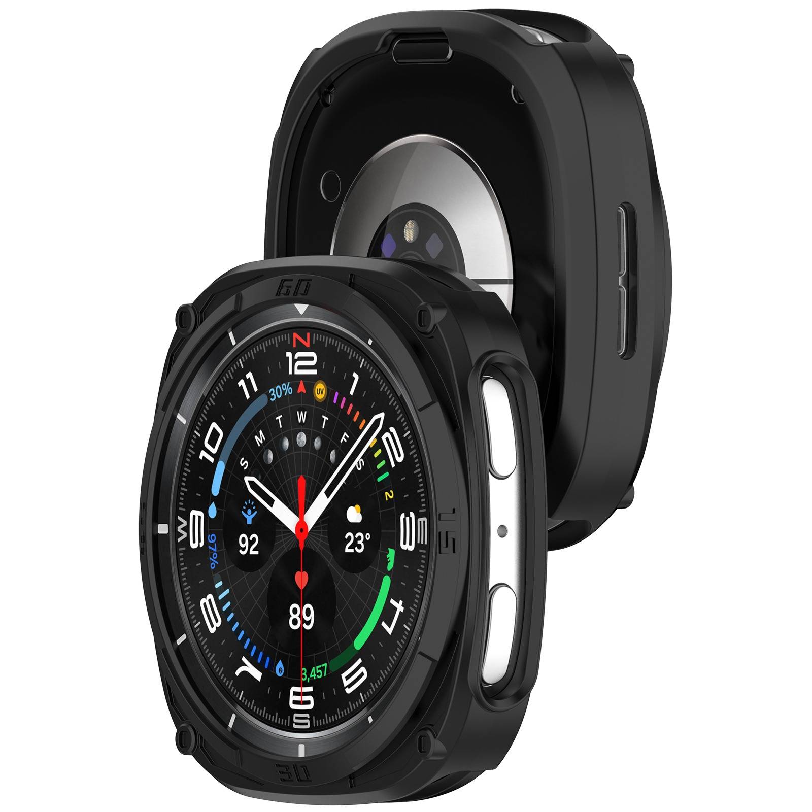 Schwarze robuste Smartwatch-Hülle, Vorder- und Rückseite gezeigt, mit kreisförmigem Zifferblatt, das Analog-Komplikationen und digitale Statistiken anzeigt.