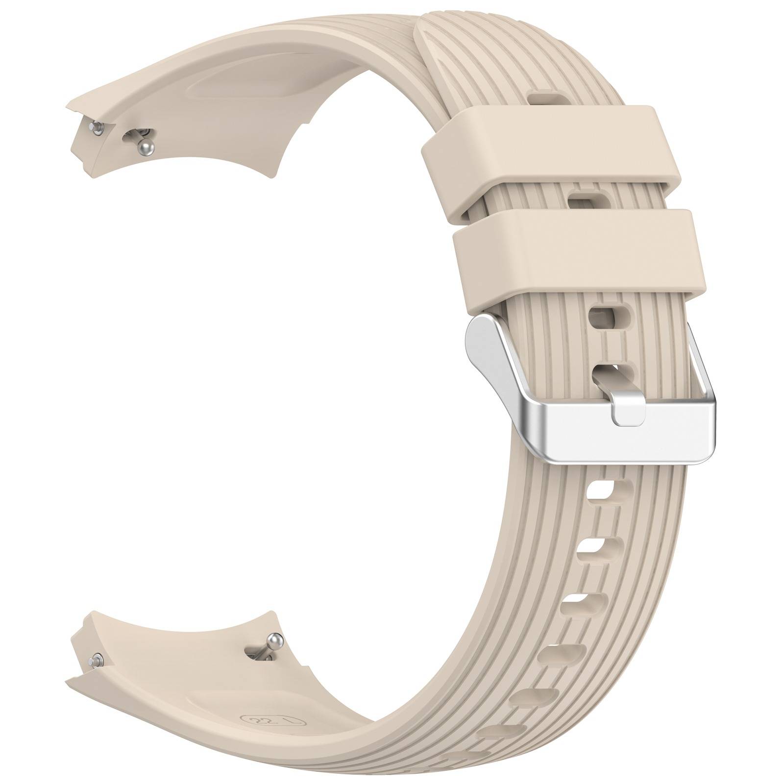 Beiges Smartwatch-Armband mit gekrümmter Schnalle und verstellbarem Riemen auf weißem Hintergrund dargestellt.