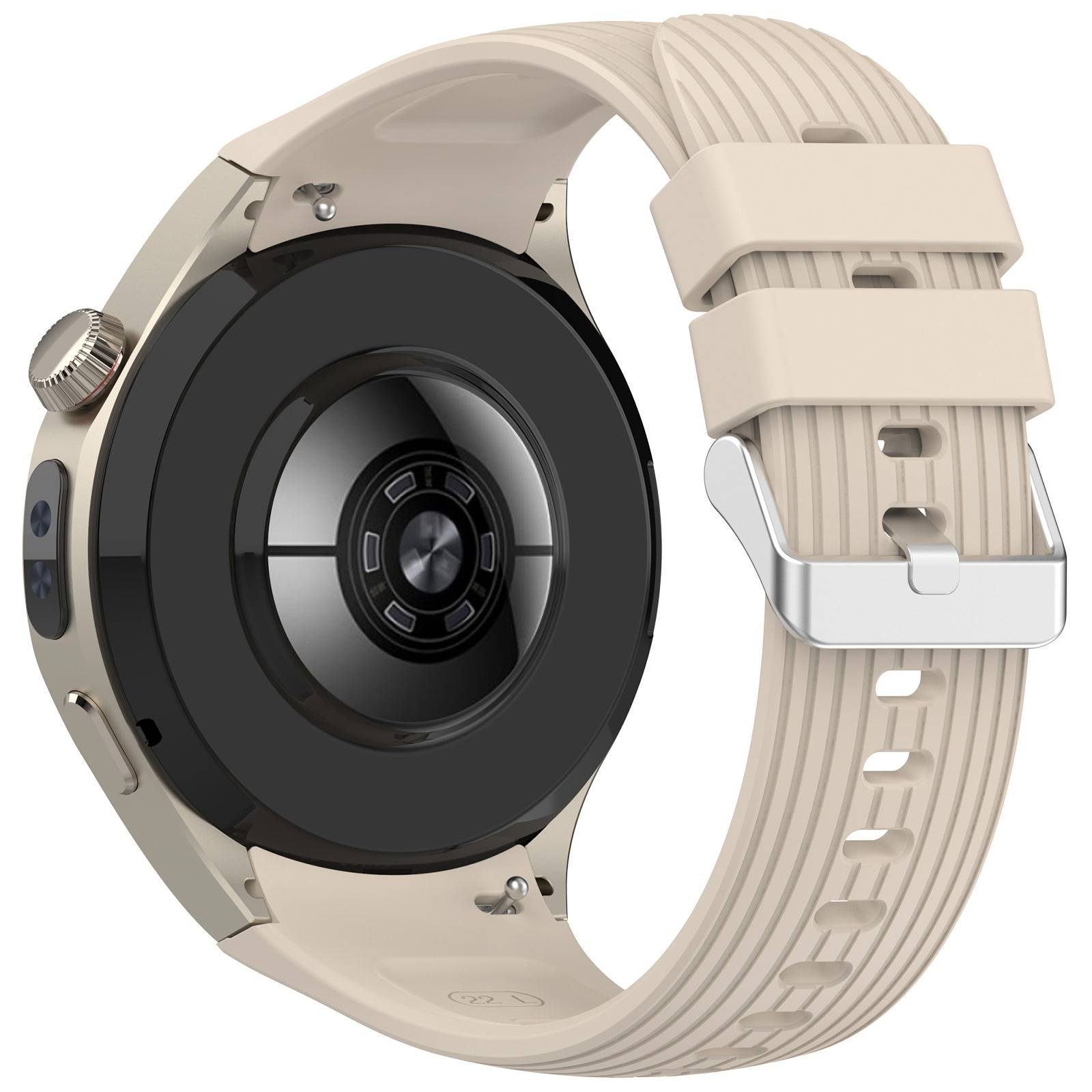 Beige Smartwatch von hinten gezeigt, mit rundem schwarzem Sensorgehäuse und einem passenden gerippten Armband mit Schnalle.
