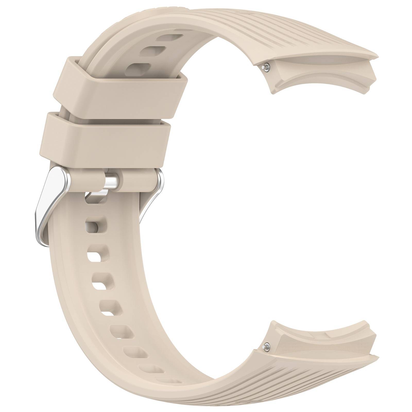 Beige-farbenes Smartwatch-Armband mit gebogenem offenem Verschluss, isoliert auf weißem Hintergrund dargestellt.