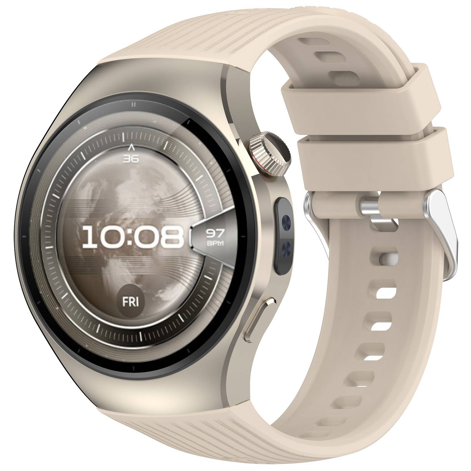Beige Smartwatch mit rundem digitalen Display, das 10:08, 97 BPM und FRI auf einem beigen Silikonarmband anzeigt.