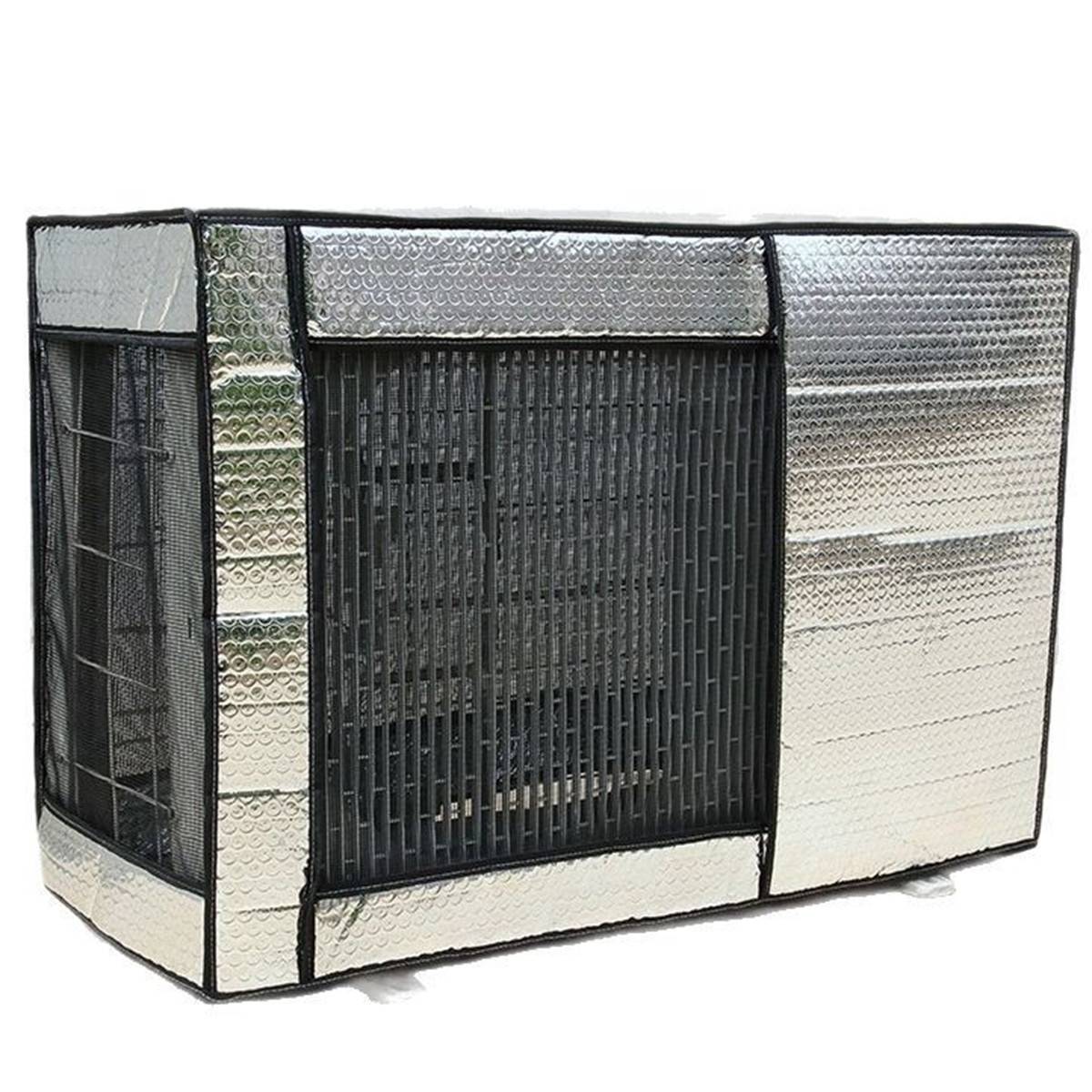 Reflektierender isolierter HVAC-Luftbehandler oder Kühleinheit mit schwarzem Gitterrahmen und silberfarbenen Metallpaneelen auf weißem Hintergrund.