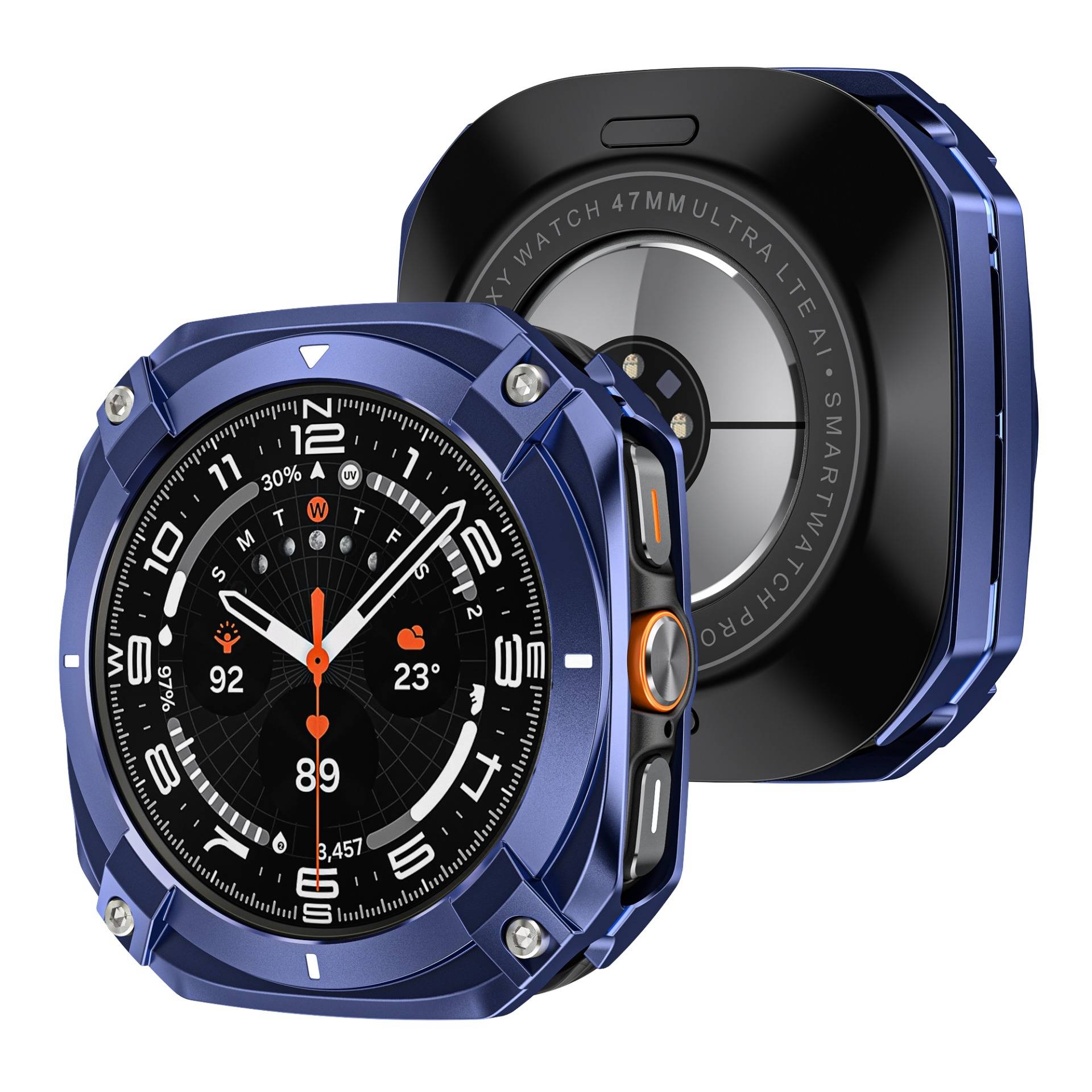 Robuste blaue Smartwatch, von vorne und von hinten gezeigt, mit rundem digitalen Display, silbernen Schrauben, orangefarbenen Seitenknöpfen und schwarzem Sensorgehäuse auf der Rückseite.