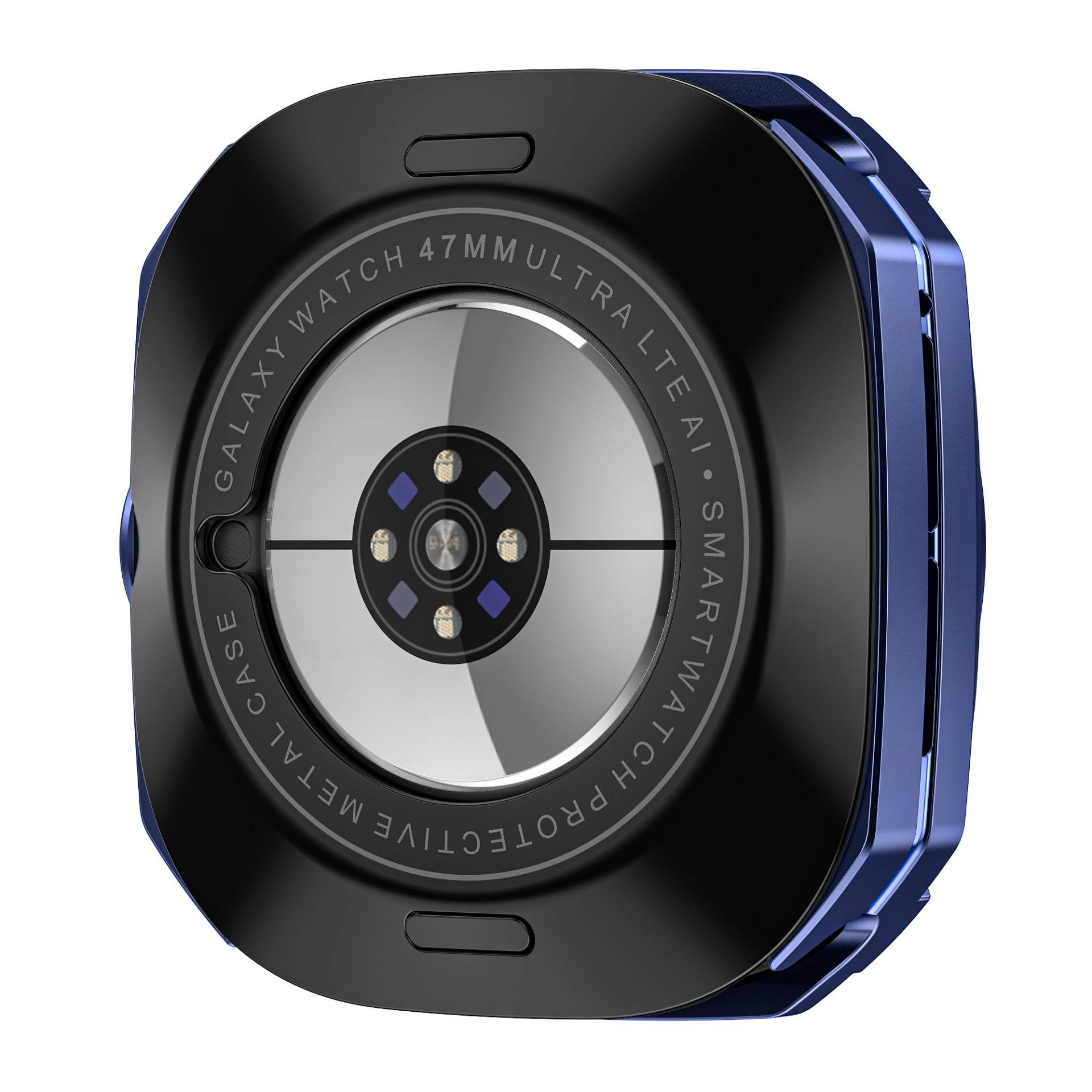 Rückansicht einer Samsung Galaxy Watch Ultra Smartwatch mit dem kreisförmigen Herzfrequenzsensor und blauem Gehäuse.