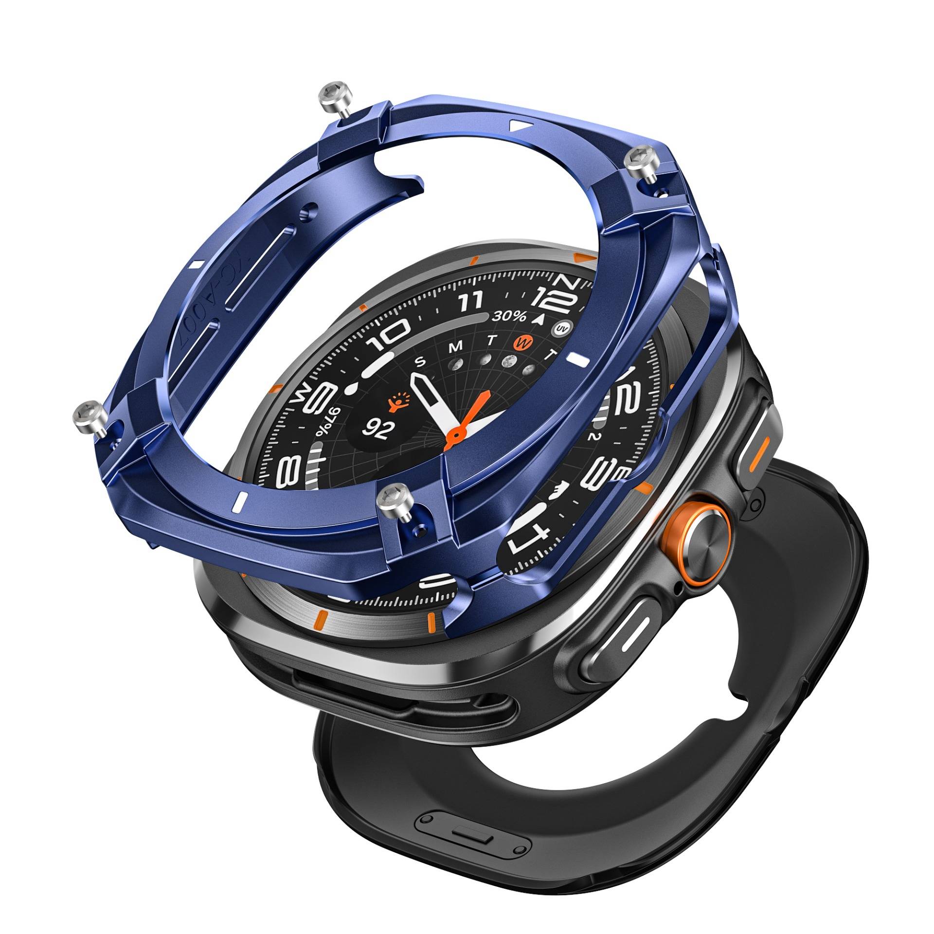 Explosionszeichnung einer schwarzen Smartwatch mit blauer Schutzlünette, die das Zifferblatt, die Seitentasten und das Armband zeigt.