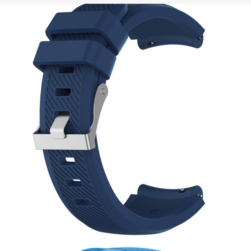 Blaues Silikonuhrband mit silberner Schnalle und strukturiertem Armband, isoliert auf weißem Hintergrund dargestellt.