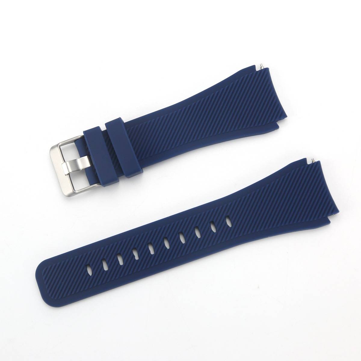 Blauer Gummi-Uhrenarmband mit silberner Schließe, in zwei Teilen auf weißem Hintergrund dargestellt.