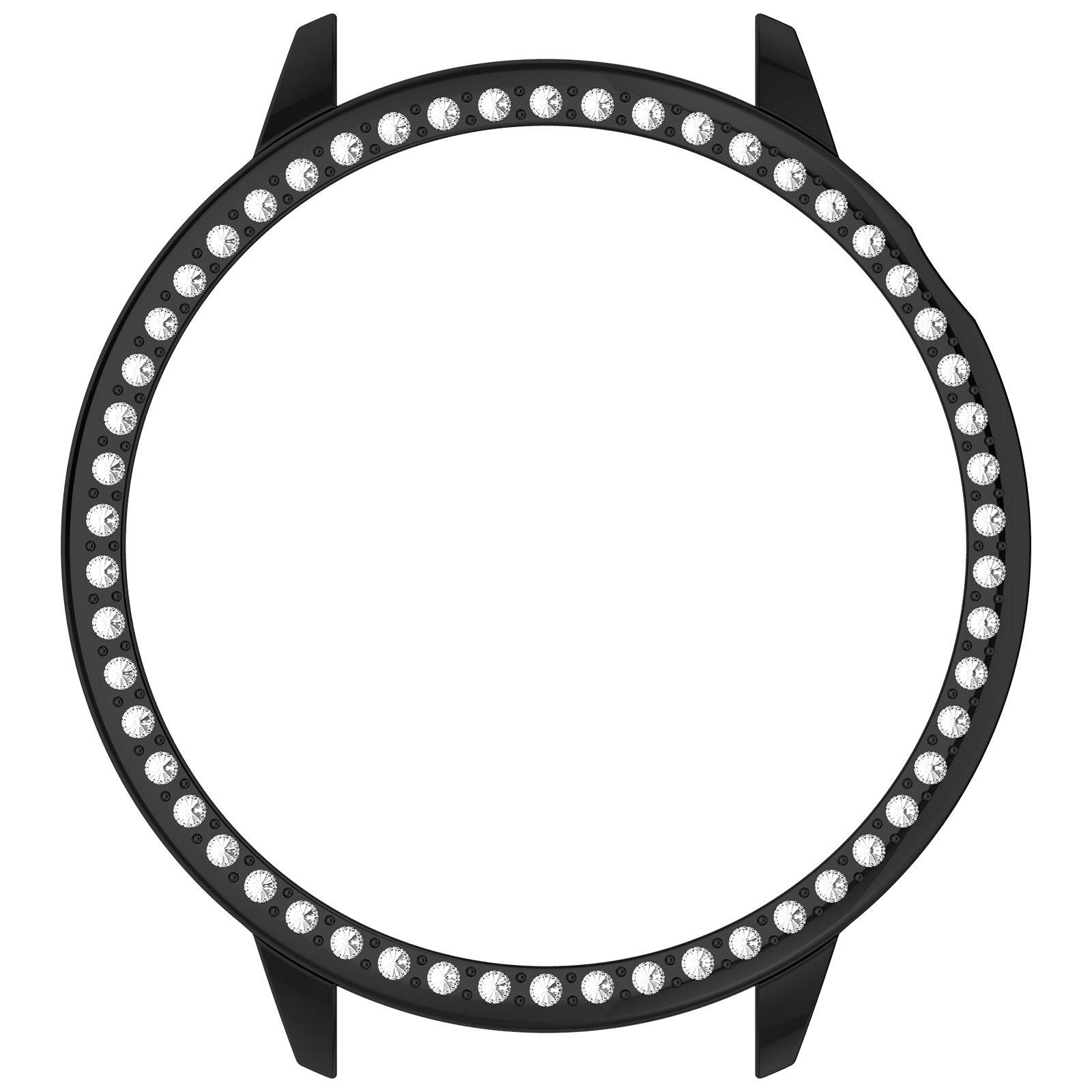 Schwarzes rundes Uhrengehäuse mit kleinen klaren Steinen rund um die Lünette, isoliert auf weißem Hintergrund dargestellt.