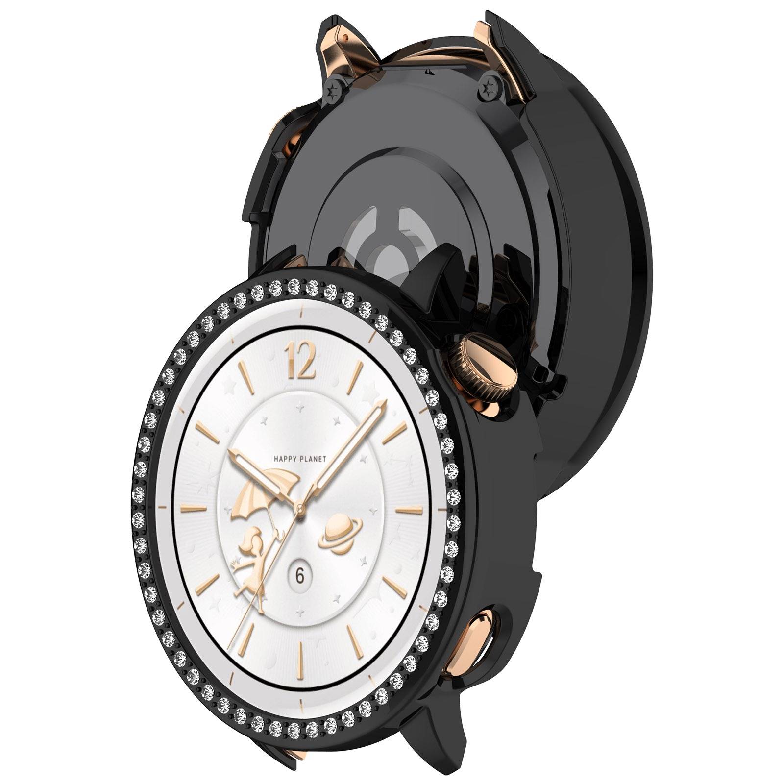 Schwarze Luxus-Armbanduhr mit verzierter Lünette und weißem Zifferblatt, geöffnet, um die Rückseite und die seitliche Krone zu zeigen.
