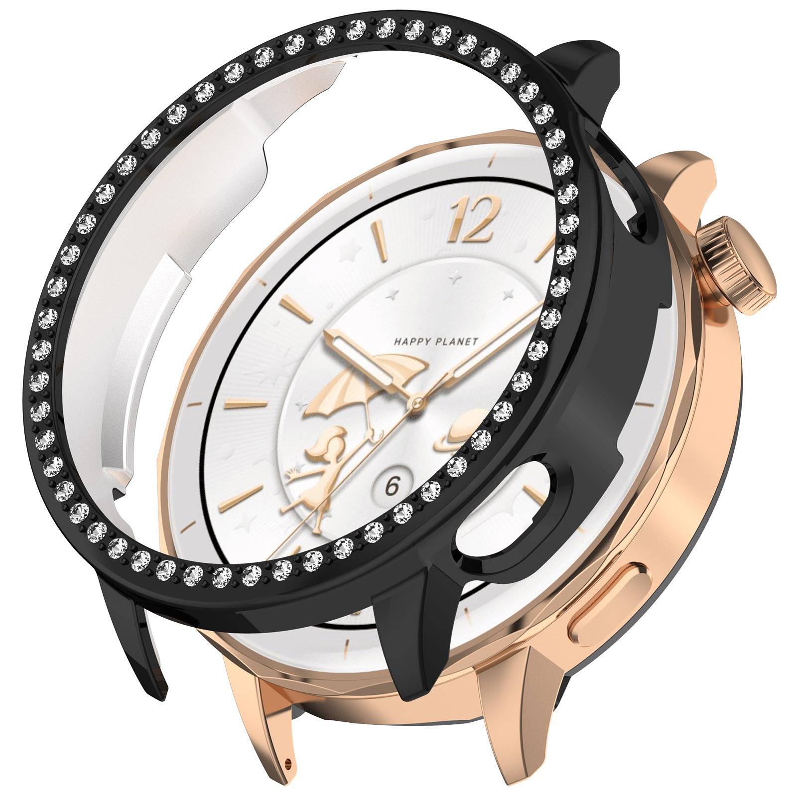 Stilisierte Armbanduhr mit schwarzem kristallbesetztem Lünette, Roségoldgehäuse, weißem Zifferblatt und Datumsfenster bei 6