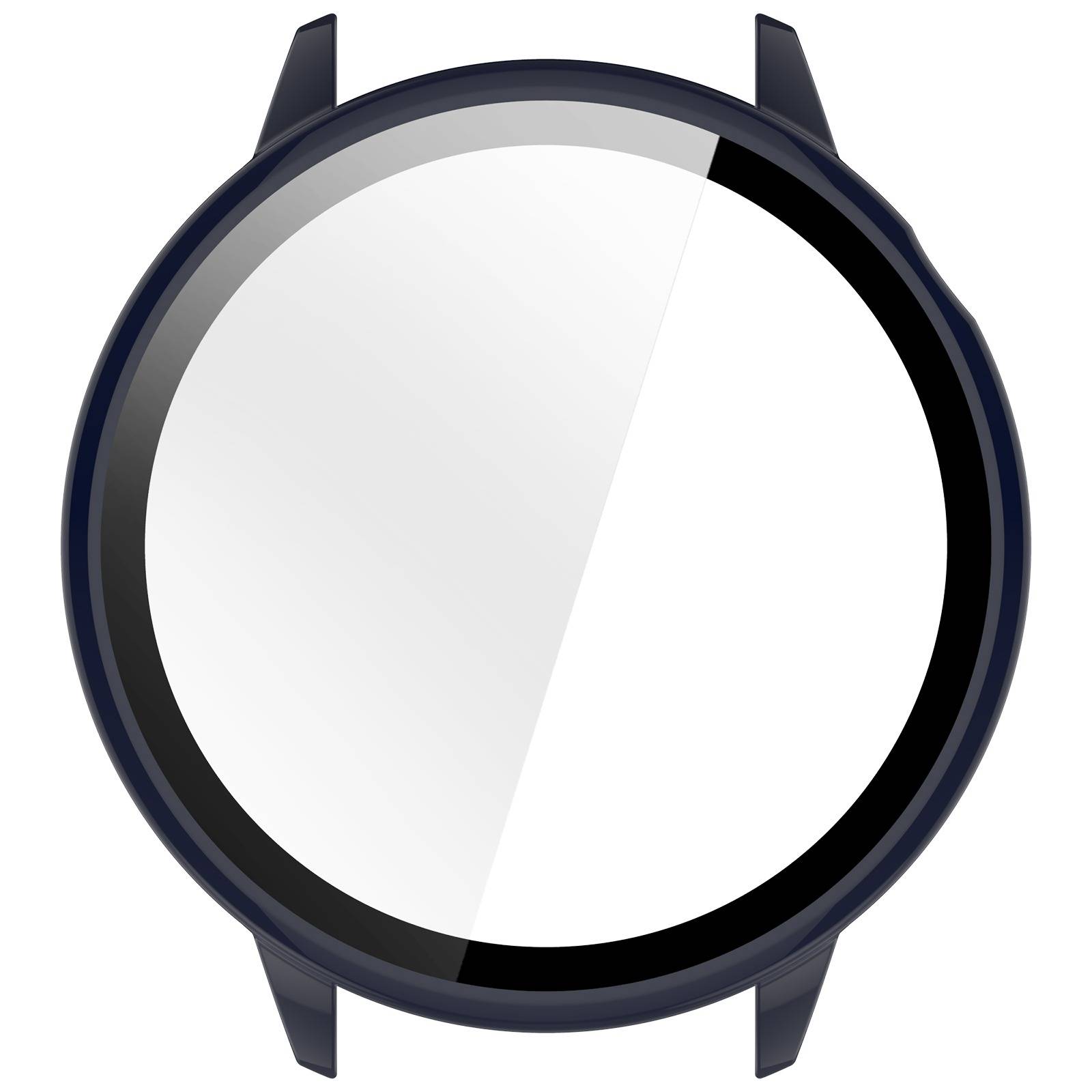 Runde Smartwatch-Anzeige mit leerem weißem Bildschirm und dunkler Lünette, von vorne auf weißem Hintergrund gezeigt.