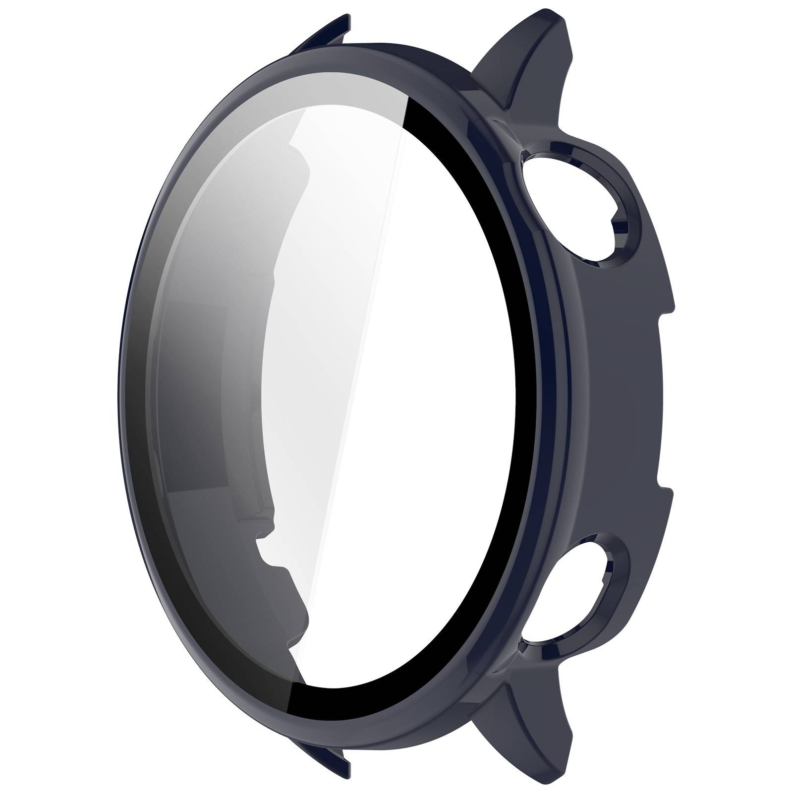 Dunkelgraue runde Uhr oder Gerätelinse mit klarem reflektierendem Glaszifferblatt, in Nahaufnahme vor weißem Hintergrund gezeigt.