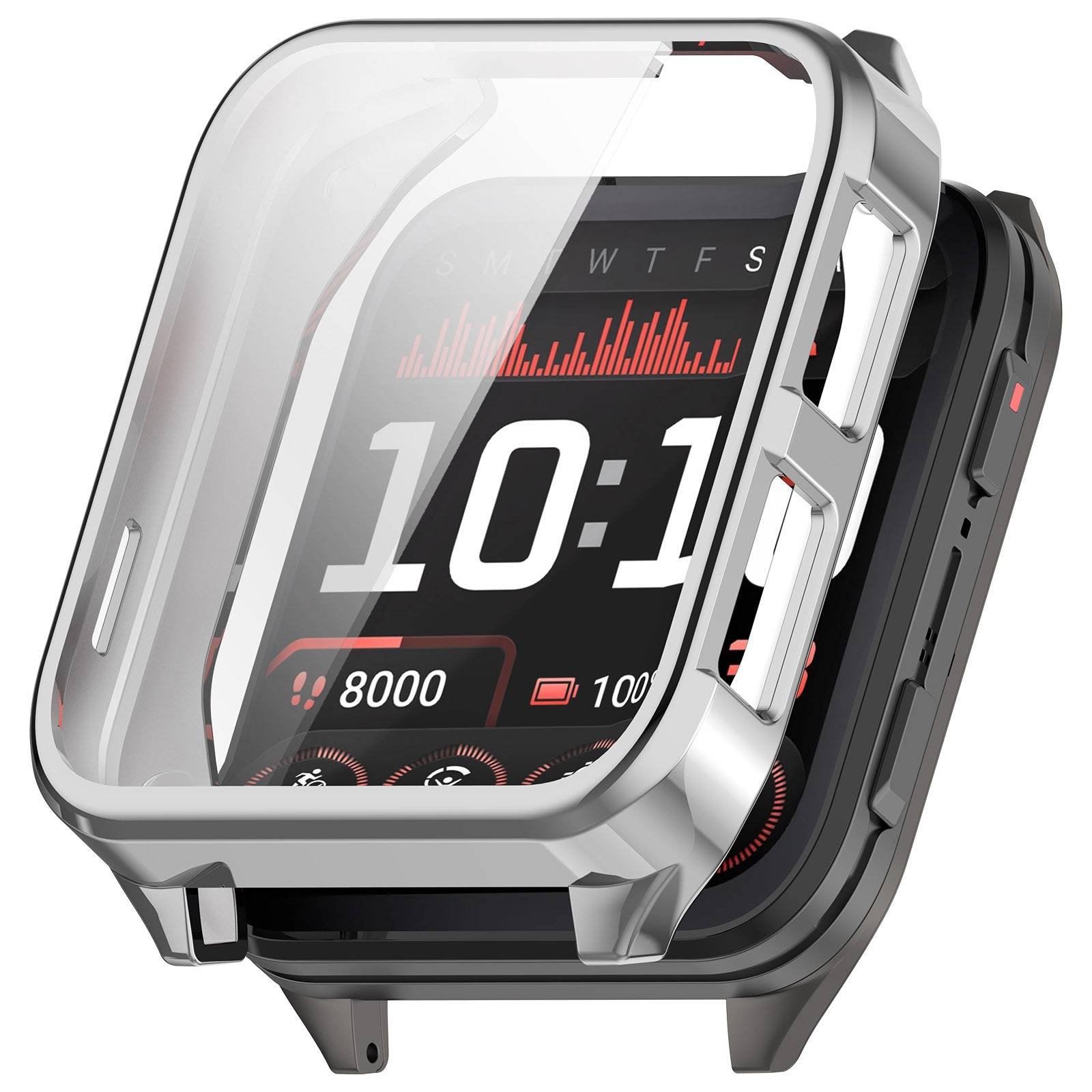 Smartwatch mit robustem silbernem Schutzgehäuse und klarem Display, das eine digitale Zeitanzeige und Fitness-ähnliche Kennzahlen anzeigt.