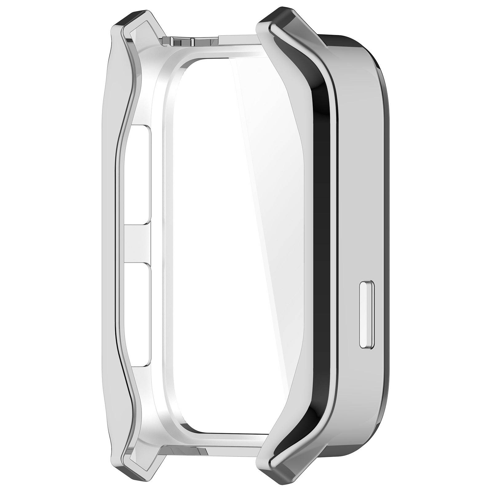Silberne metallische Smartwatch-Gehäuseeinfassung mit Seitentasten, isoliert auf weißem Hintergrund dargestellt.