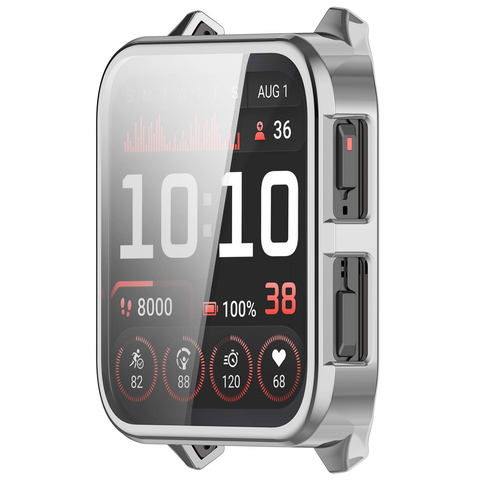 Eine silberne rechteckige Smartwatch mit digitalem Zifferblatt, das die Zeit 10:10, das Datum 1. AUG und Fitnessdaten wie Schritte, Akkuladung, Herzfrequenz und Aktivitätssymbole anzeigt.