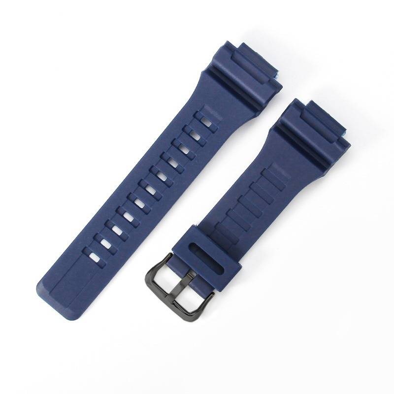 Paar marineblaue Gummi-Uhrenarmbänder mit schwarzer Schnalle auf weißem Hintergrund.
