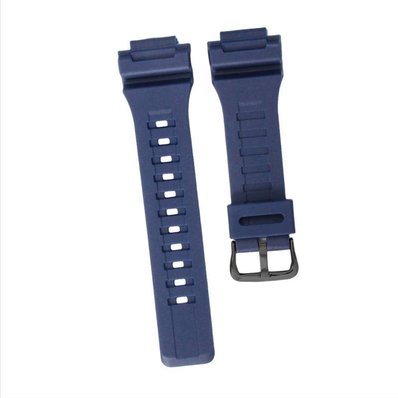 Zwei dunkelblau gefärbte Uhrenarmband-Hälften auf weißem Hintergrund, eine mit Verstelllöchern und eine mit Dornschließe.