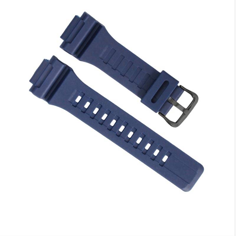 Zwei dunkelblau Uhrenarmbänder, eines mit einer Metallschnalle und das andere mit einer Reihe von Verstelllöchern, isoliert auf weißem Hintergrund.