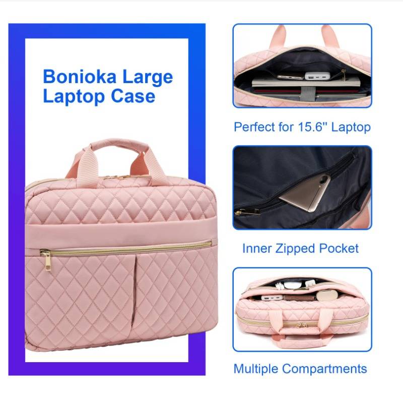 Rosa gesteppte Bonoka Laptop-Tasche in Großformat mit Griffen und vorderen Taschen; eingefügte Fotos zeigen, dass sie einen 15,6-Zoll-Laptop fasst, ein inneres Reißverschlussfach und mehrere Fächer hat.
