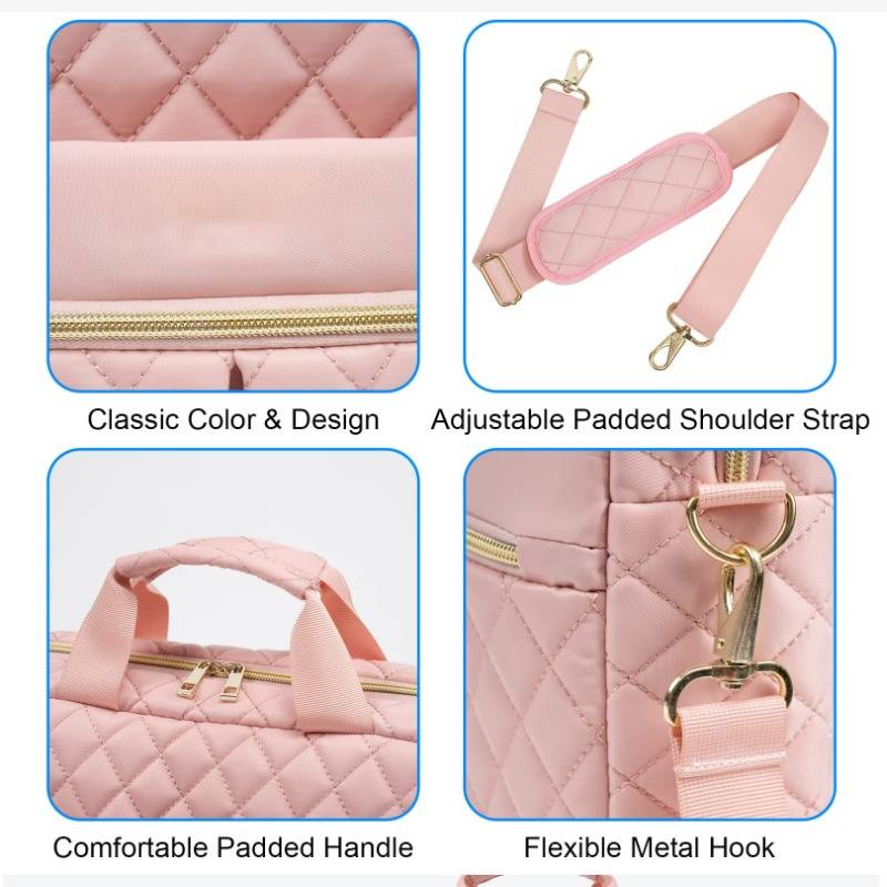 Produktcollage mit einer rosafarbenen gesteppten Tasche mit Reißverschluss, gepolstertem Griff, verstellbarem Schultergurt und Metallhakenbefestigungen.
