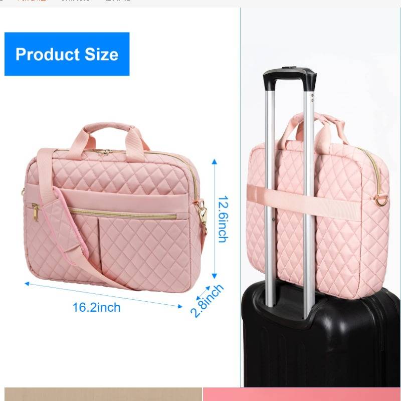 Rosa gesteppte Laptop-Tasche mit den Produktabmessungen: 16,2 x 12,6 x 2,8 Zoll, befestigt an einem Koffergriff zum Reisen.