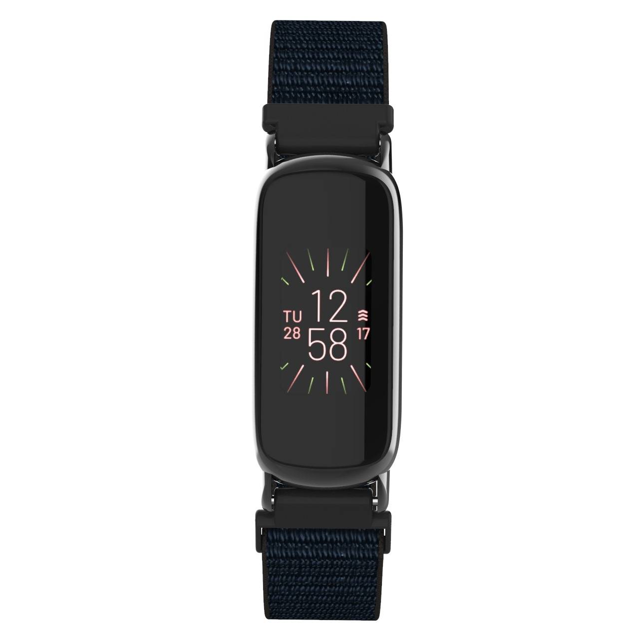 Schwarzer Fitness-Tracker mit marineblauem gewebtem Armband, zeigt ein digitales Zifferblatt, Datum und Aktivitätsring-ähnliche Marker auf weißem Hintergrund