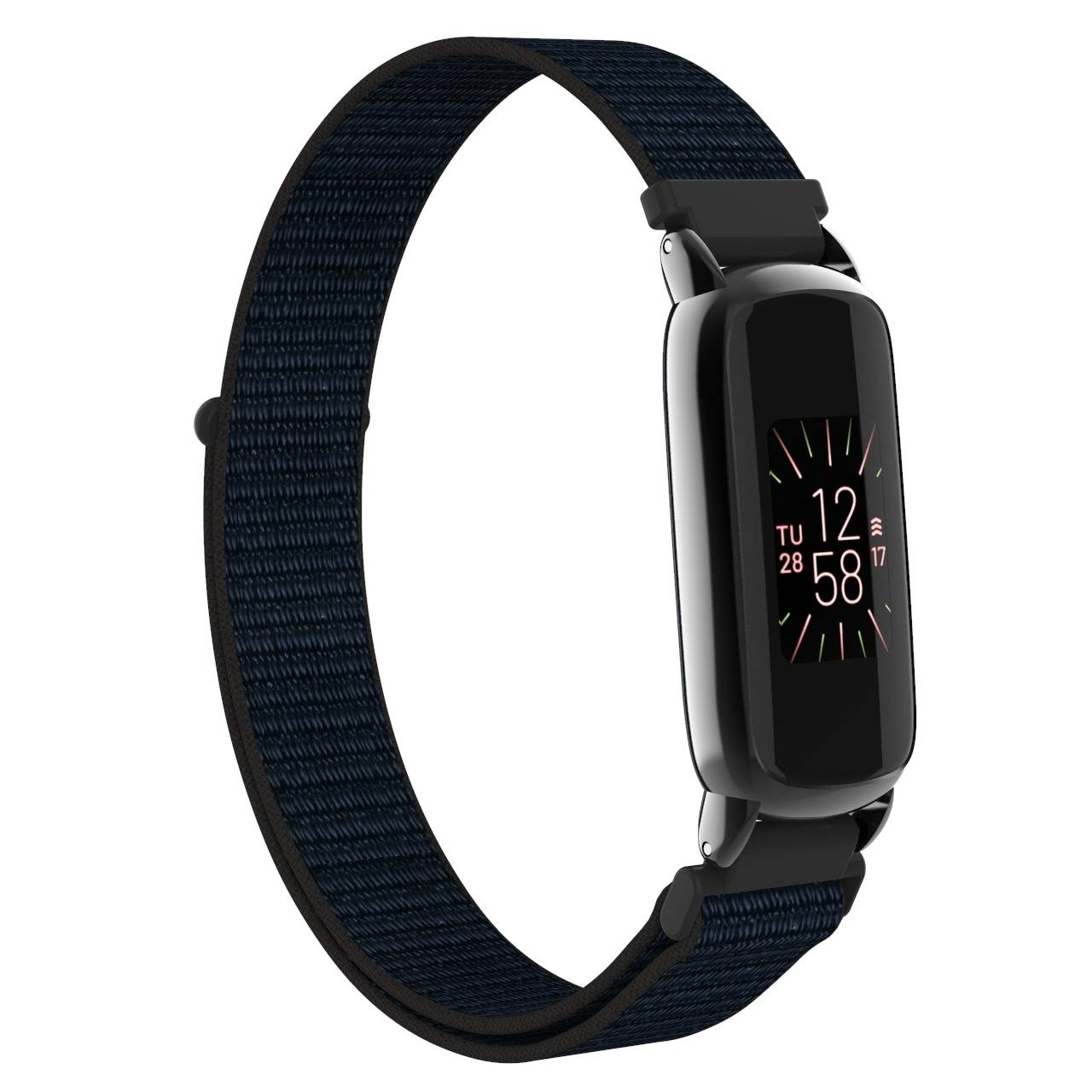 Eine schwarze Smartwatch mit dunkelgewebtem Armband, angewinkelt auf weißem Hintergrund dargestellt, mit dem Bildschirm zeigt die Zeit 12:58 und das Datum DI 28 17.