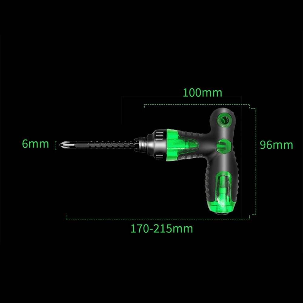 Grün-schwarzer Winkelschraubendreher mit Bit, dargestellt mit Abmessungen: 6 mm Spitze, 100 mm obere Breite, 96 mm Höhe und 170–215 mm Länge.