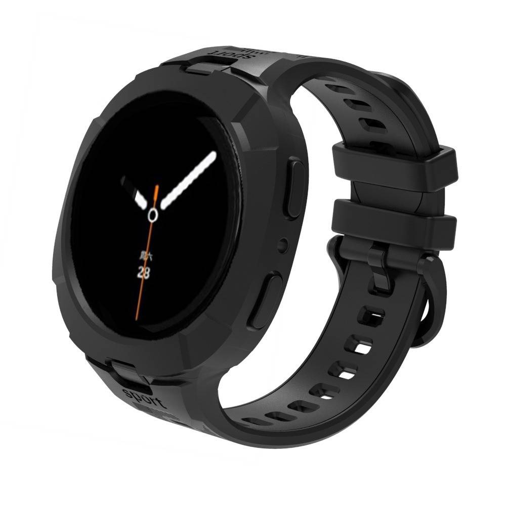 Schwarze runde Smartwatch mit Silikonarmband, zeigt ein analoges Zifferblatt auf weißem Hintergrund.