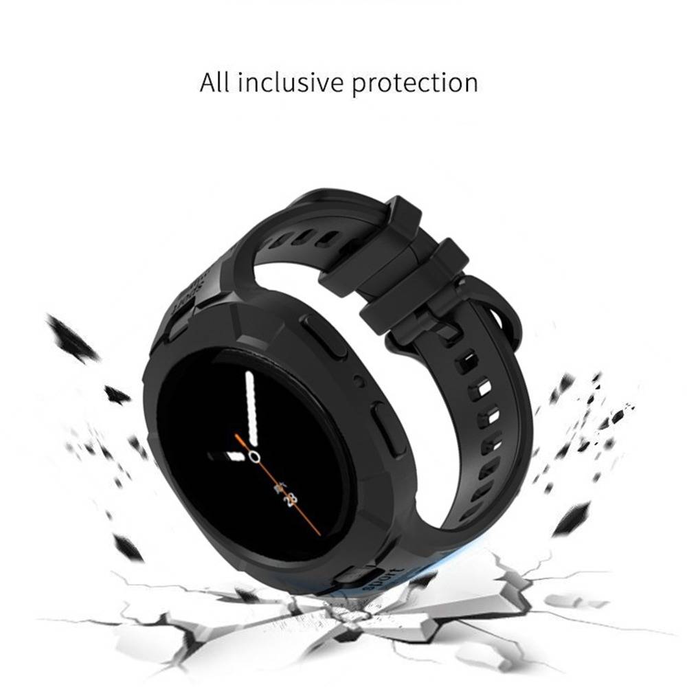 Schwarze robuste Smartwatch mit rundem Display, das durch aufgerissenen Boden bricht, mit der Aufschrift „Umfassender Schutz