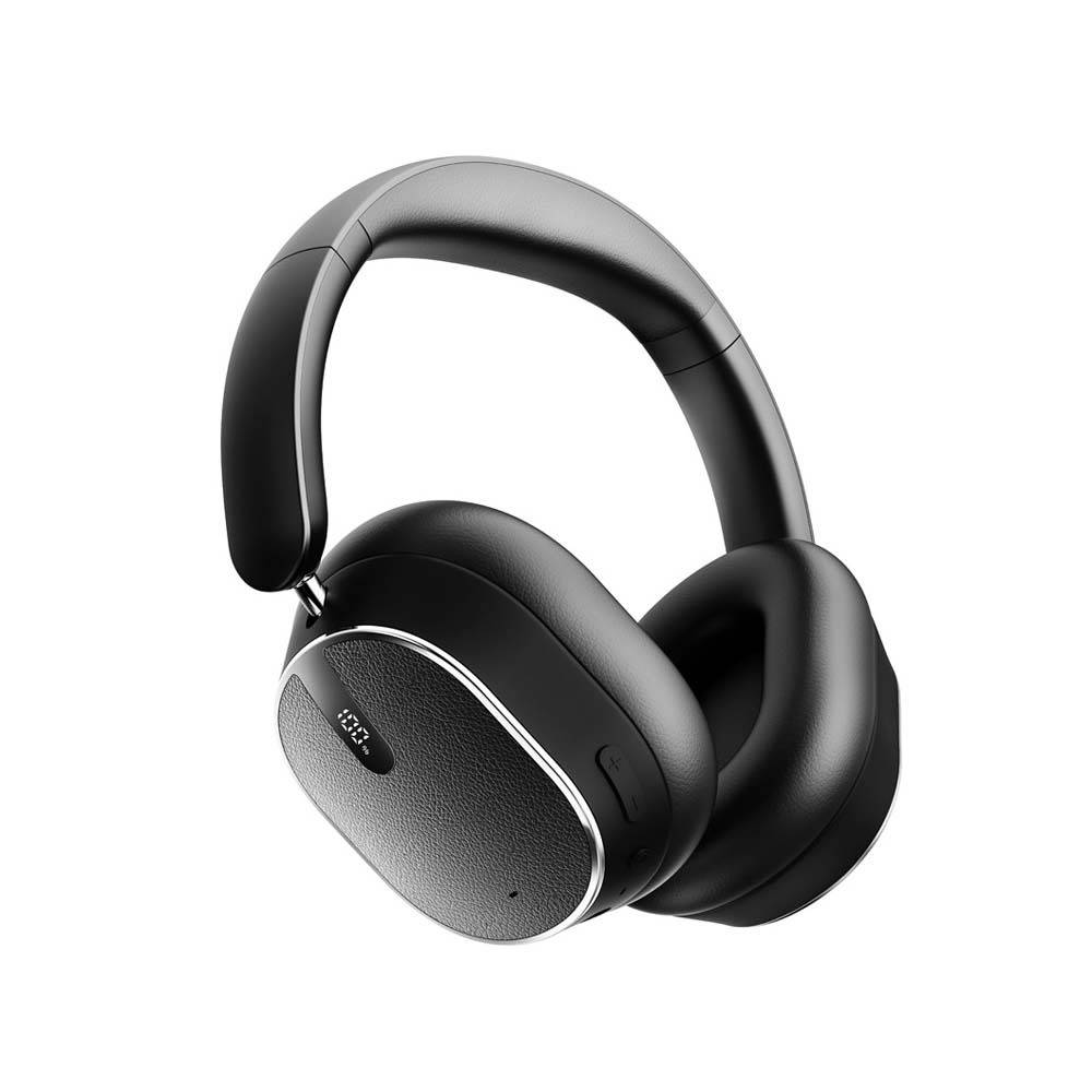 Schwarze kabellose Over-Ear-Kopfhörer mit gepolstertem Kopfbügel und Ohrmuscheln, dargestellt auf weißem Hintergrund.