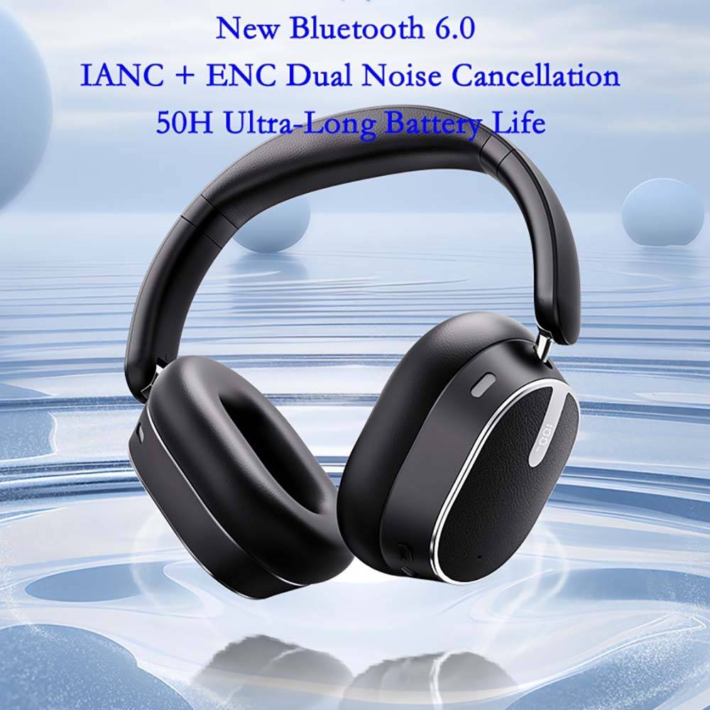Schwarze Over-Ear-Kopfhörer mit Wireless-Technologie und Text, der bewirbt „Neues Bluetooth 6.0", „IANC + ENC Duale Geräuschunterdrückung"" und „50H Ultra-Lange Akkulaufzeit"".