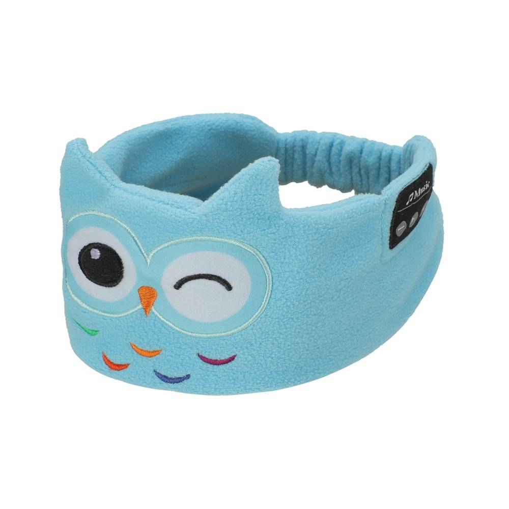 Hellblaues eulenfömiges Fleece-Stirnband mit besticktem Gesicht, getragen als breites elastisches Ohrenwärmer.