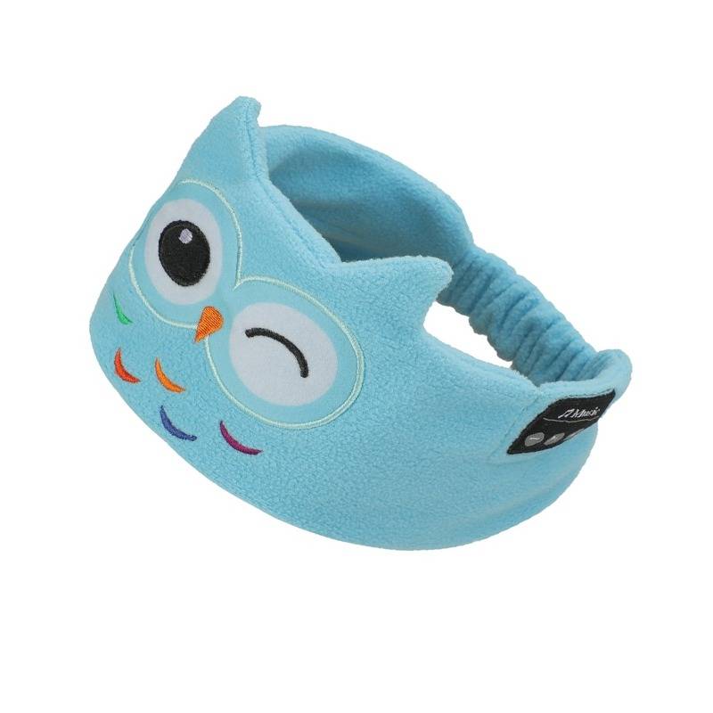 Hellblauem Eulenmotiv-Stirnband mit verstellbarem Design, Cartoon-Augen und bunten Federn auf weißem Hintergrund.