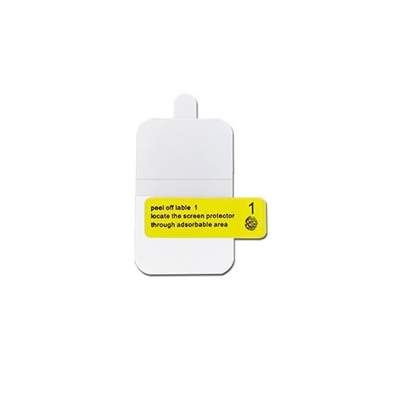 Displayschutzfolien-Verpackung mit einer gelben Lasche mit der Bezeichnung „1