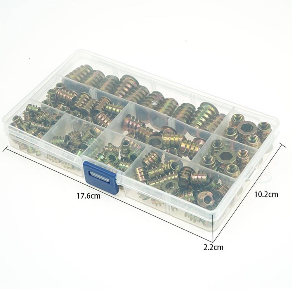 Durchsichtige Kunststoff-Sortierbox gefüllt mit assortiertem Zubehör und Einsätzen, beschriftet 17,6 cm x 10,2 cm x 2,2 cm.