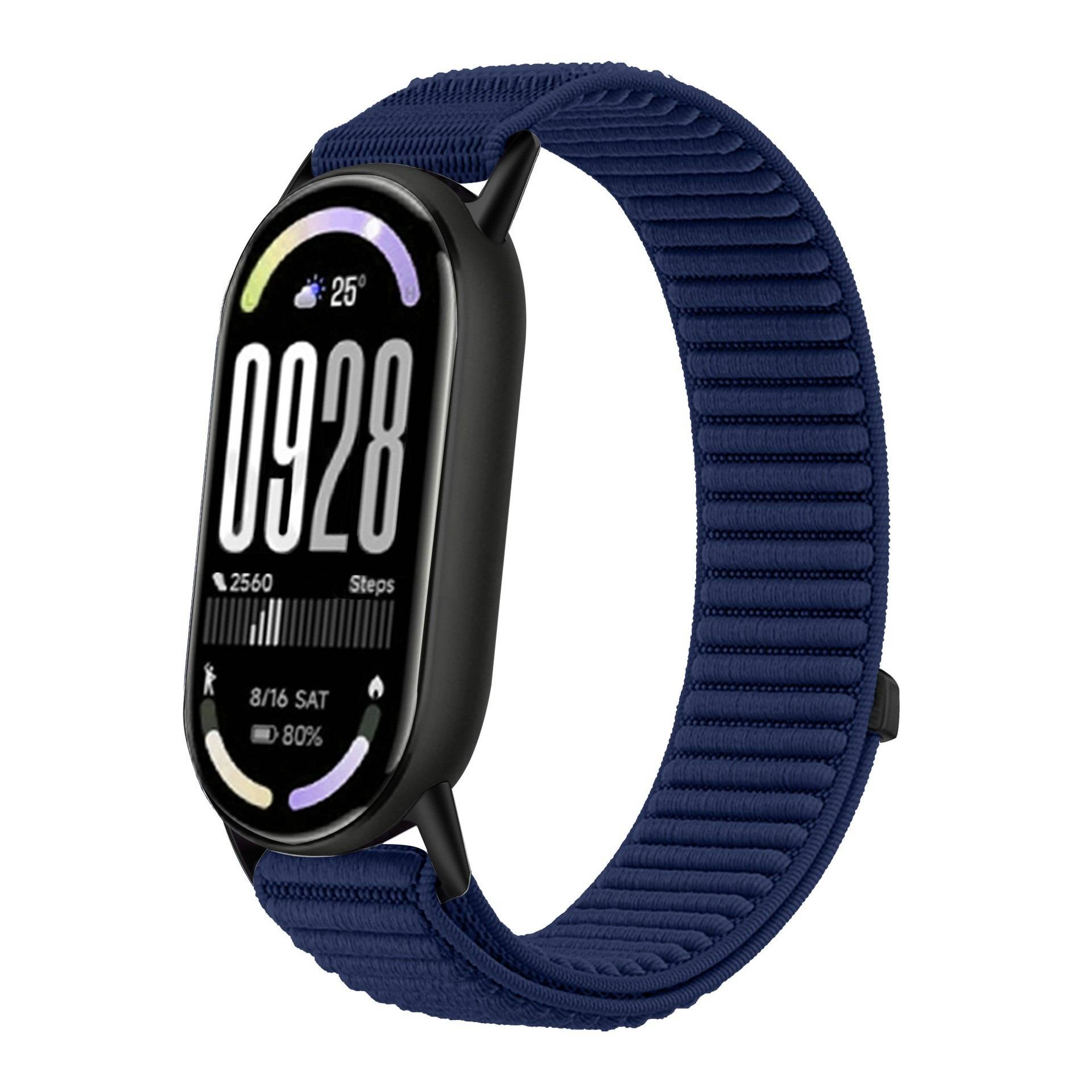 Schwarze Fitness-Smartwatch mit blauem geripptem Schlaufen-Band, zeigt ein digitales Zifferblatt mit 09:28, 25°, Schritte, Datum und Batteriezustand an.