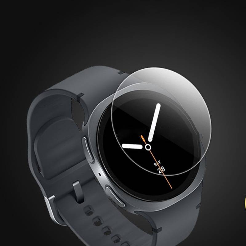 Runde Smartwatch mit dunkelgrauem Band und schwarzem analogem Zifferblatt mit weißen Zeigern und dem Datum 28, mit transparenter Displayschutzfolie.