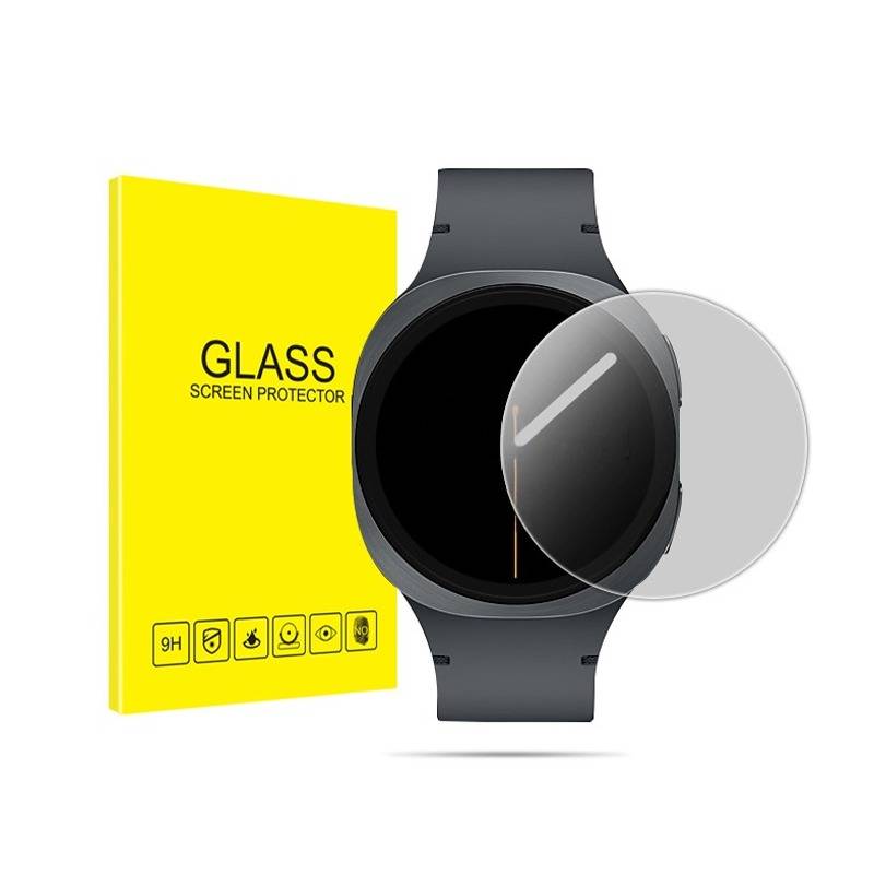 Schwarze Smartwatch mit einer Glaschutzfolie neben einer gelben Schachtel mit der Aufschrift „GLASS SCREEN PROTECTOR" und Symbolen für Schutzfunktionen.
