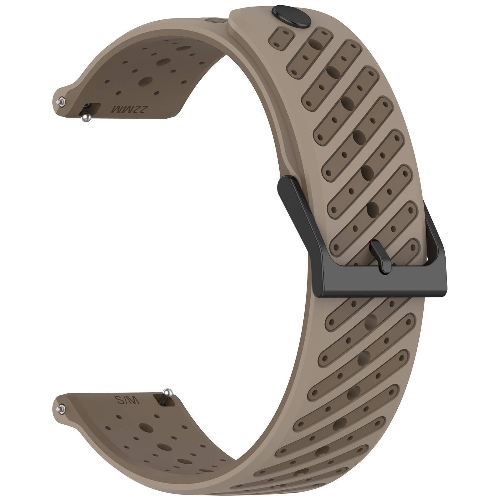 Braunes Smartwatch-Armband mit schwarzer Schnalle und gelochtem verstellbaren Design, isoliert auf weißem Hintergrund dargestellt.