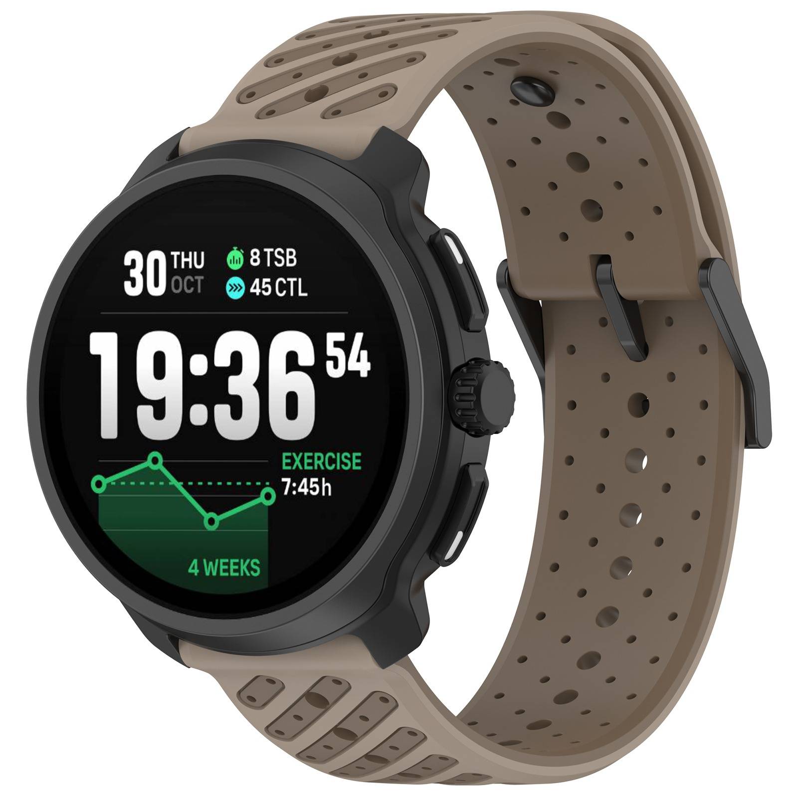 Schwarze Smartwatch mit beigem Locharmband, das ein Fitness-Watchface mit der Uhrzeit 19:36, dem Datum 30. Oktober, Trainingsstatistiken und einem 4-Wochen-Aktivitätsdiagramm anzeigt.