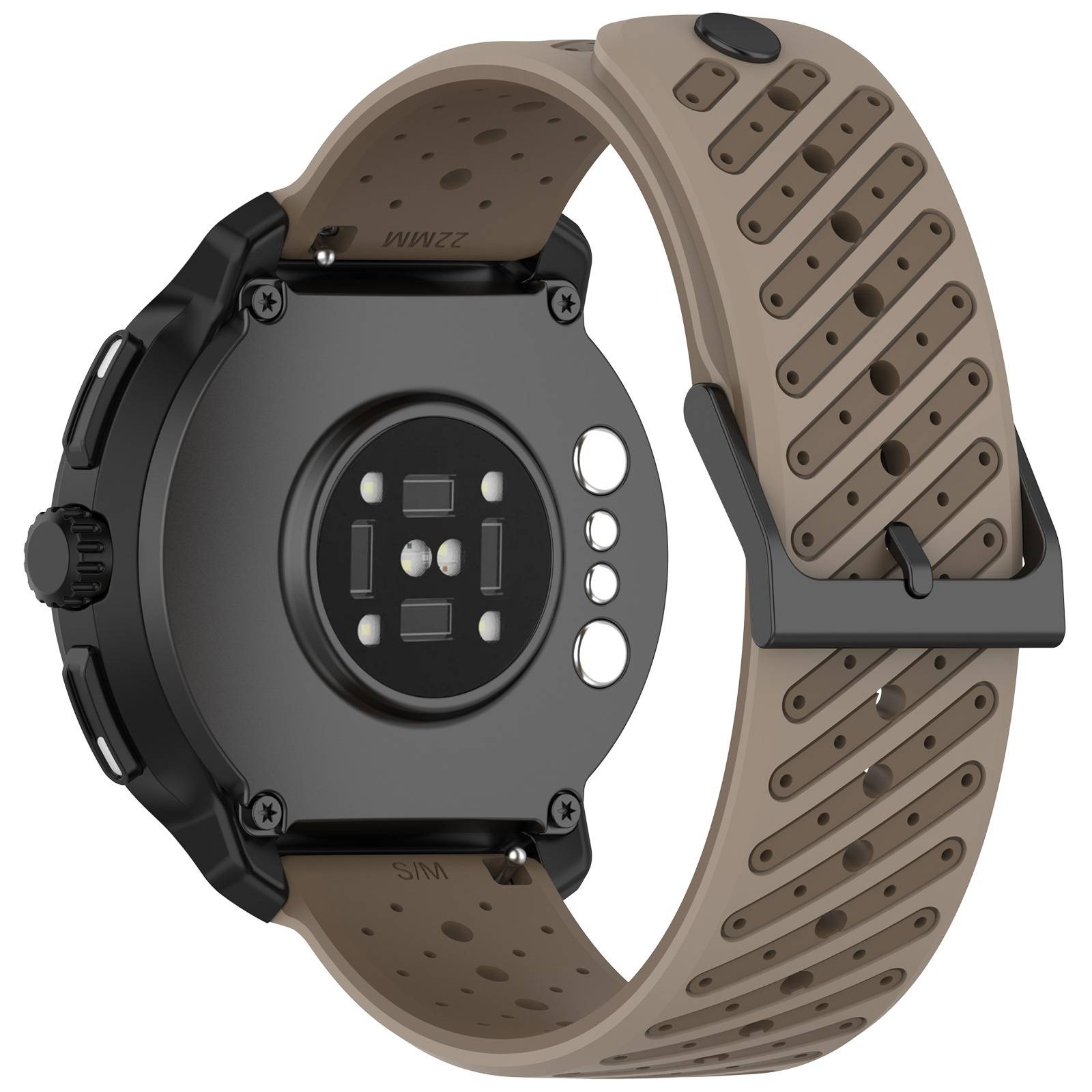 Schwarze runde Smartwatch mit cremefarbenem perforiertem Silikonarmband, von hinten und von der Seite gezeigt.