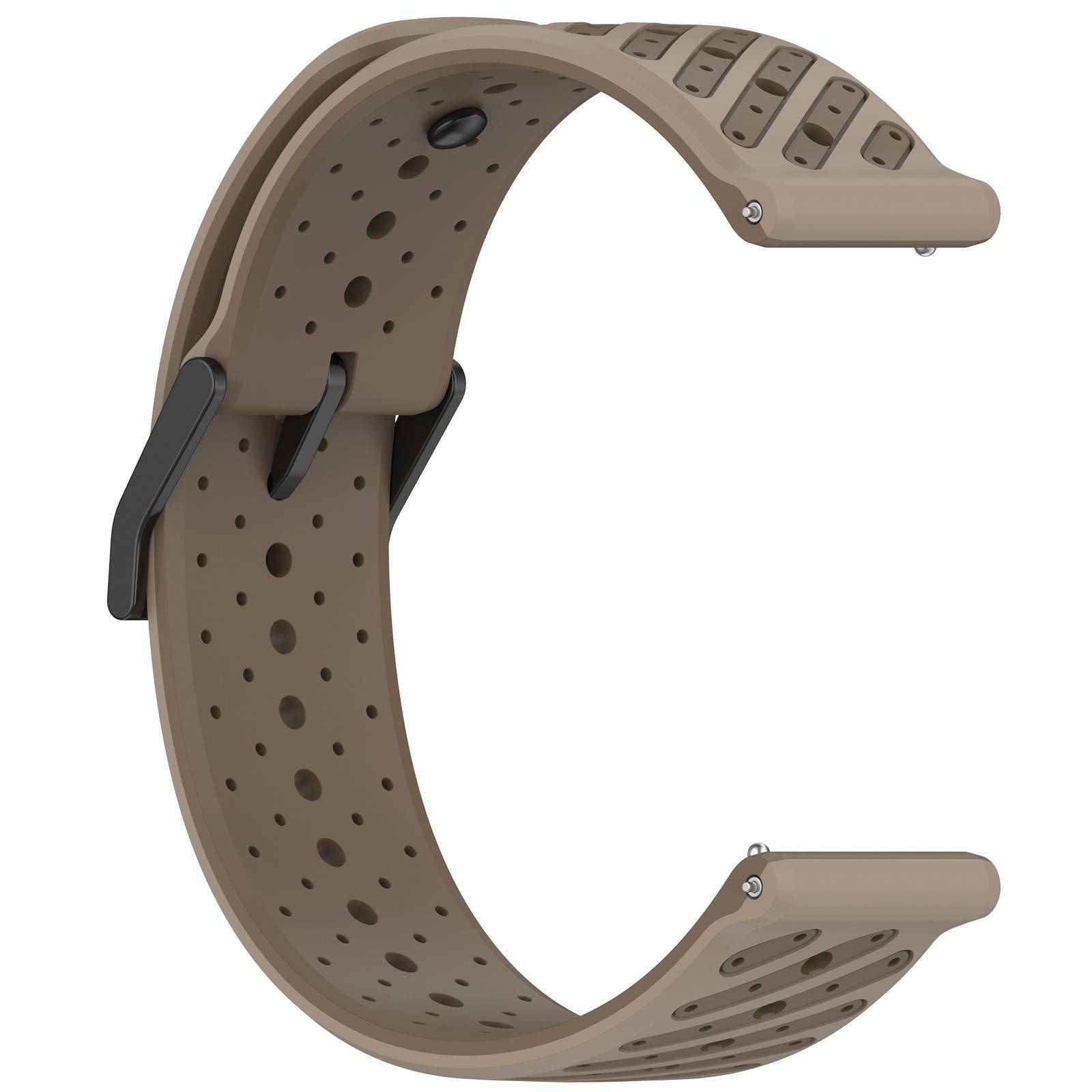 Beiges perforiertes Smartwatch-Armband mit schwarzer Schnallenschließe auf weißem Hintergrund dargestellt.