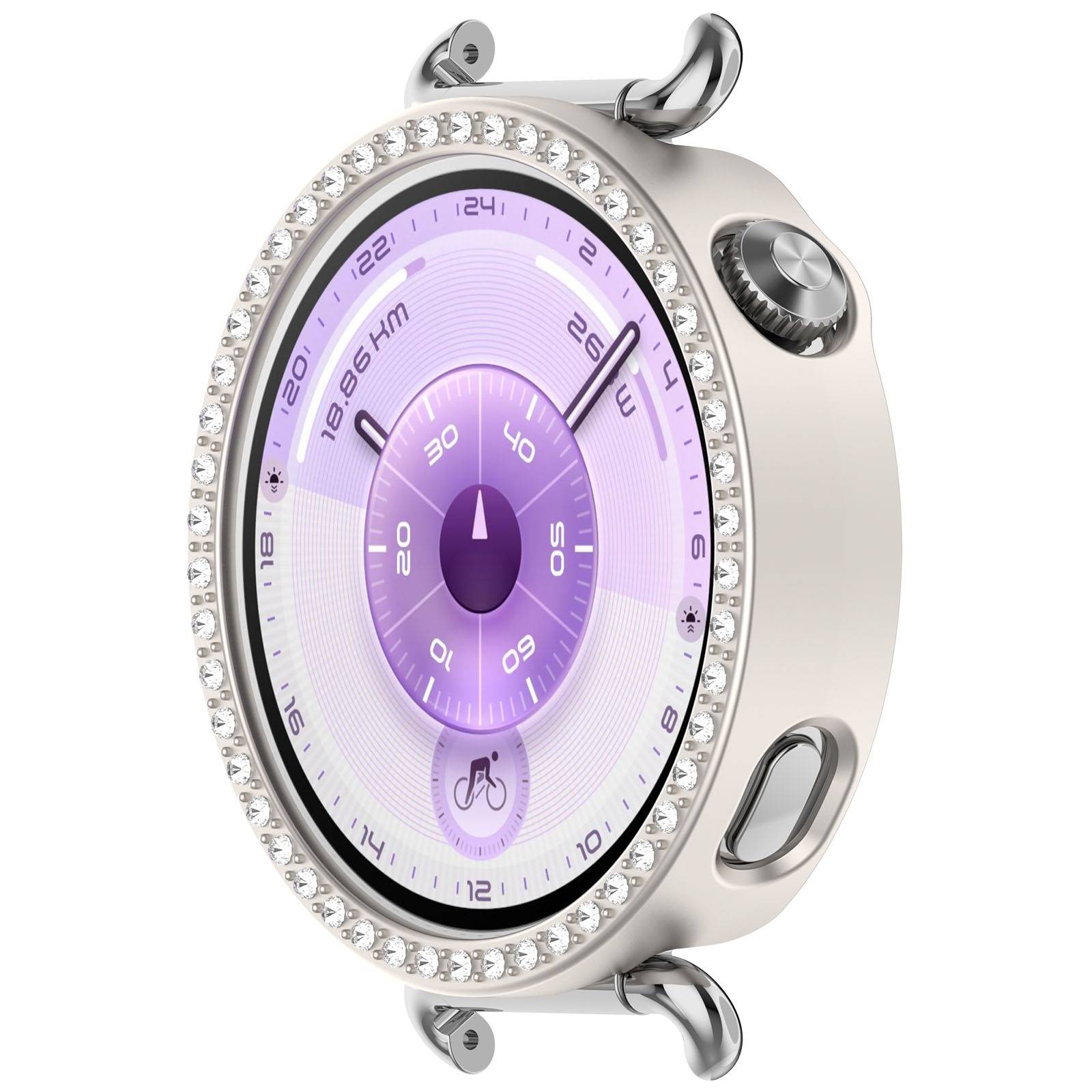 Ein silberner ovaler Smartwatch-Gehäuse mit diamantförmiger Lünette und violettem Zifferblatt, aus einem Winkel fotografiert mit Seitentasten und Bandanstöße.