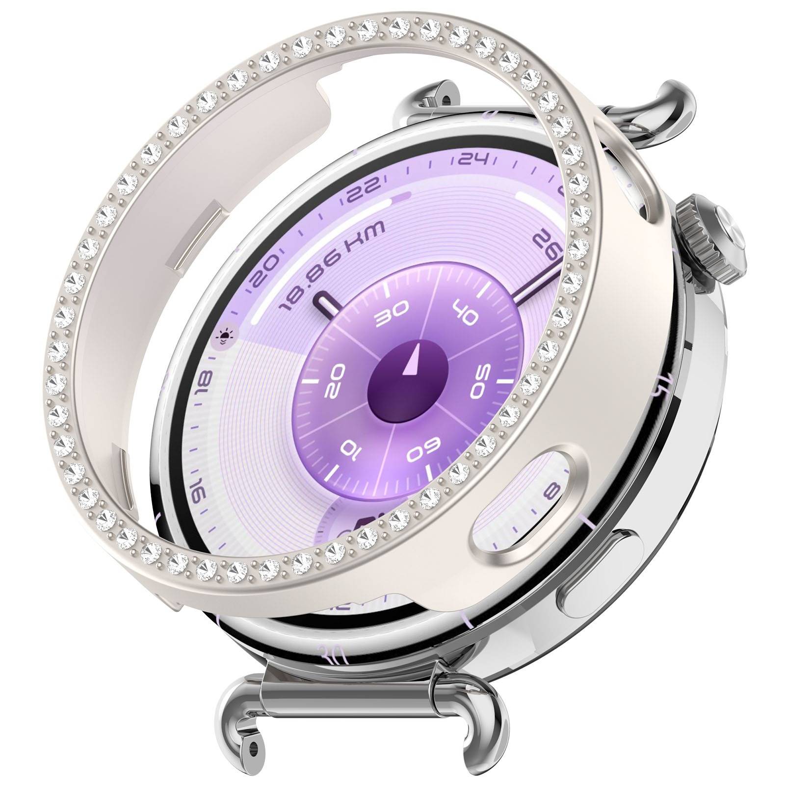 Nahaufnahme einer geschmückten Silber-Smartwatch mit einem violetten Analog-Zifferblatt und Seitentasten auf weißem Hintergrund.
