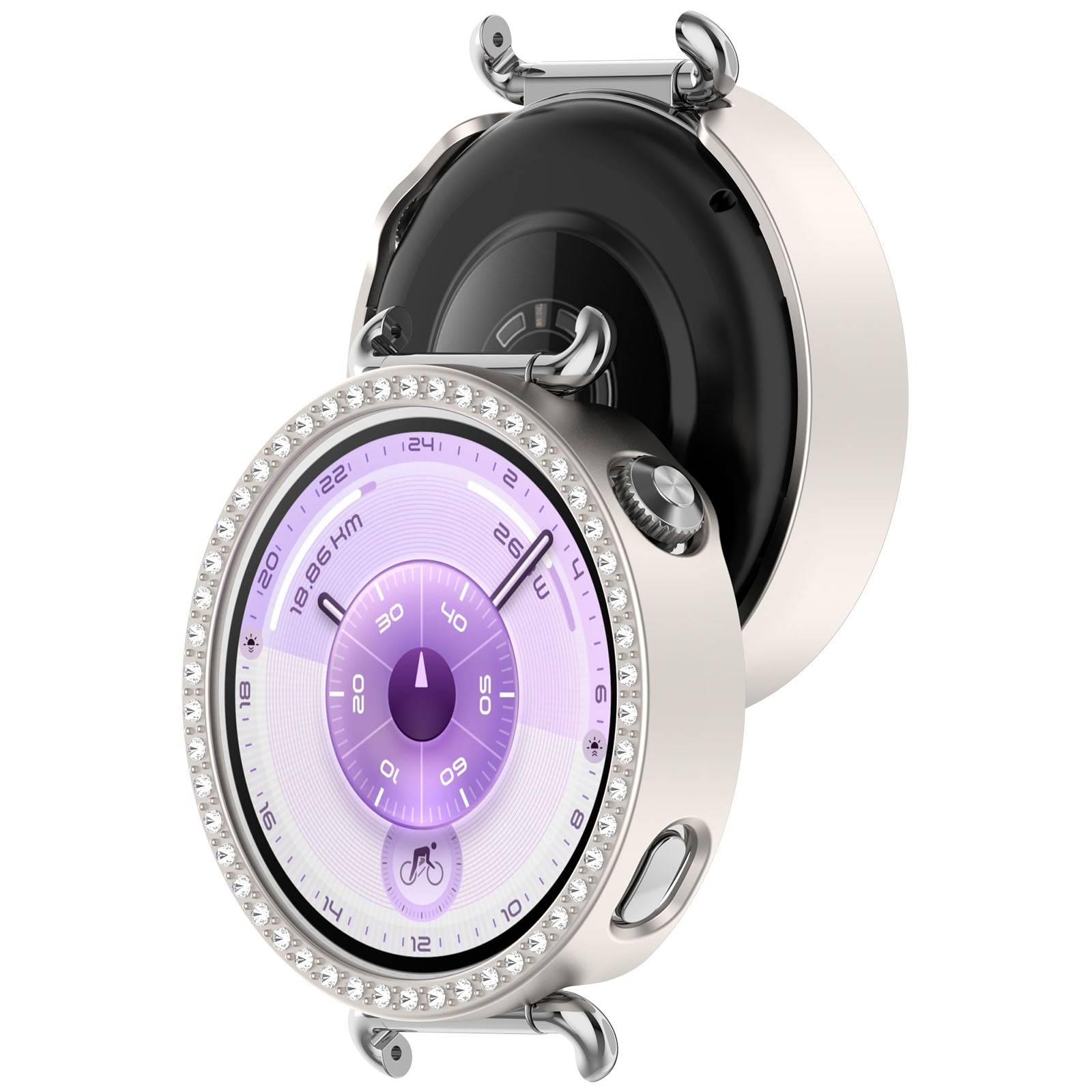 Silberne Smartwatch mit Schmucksteinen und violettem Zifferblatt, von vorne und hinten gezeigt, ähnelt einem luxuriösen tragbaren Gerät.